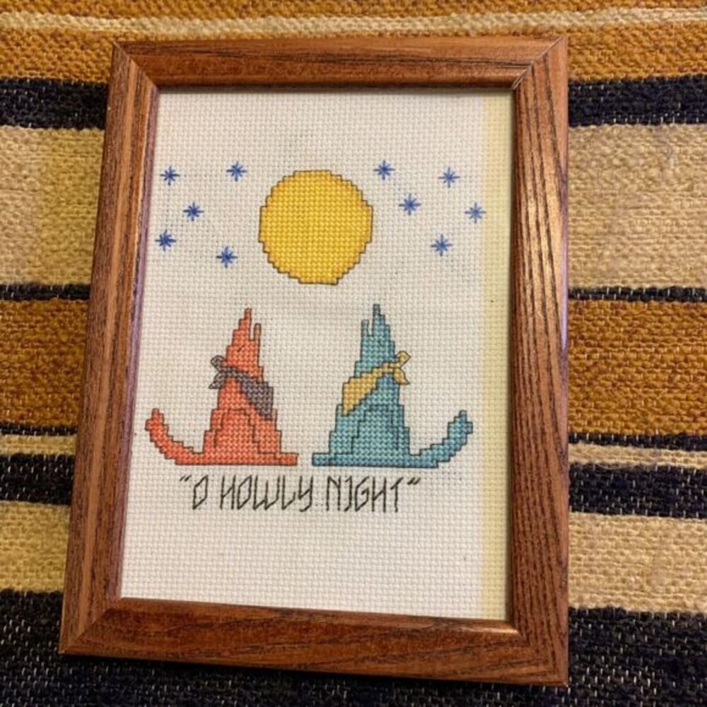 Vintage Southwest Cross Stitch Framed Art‎ Howling Dog Christmas Handmade